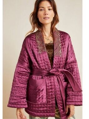 Anthropologie Phoebe Quilted Embellished Kimono Jacket in Berry